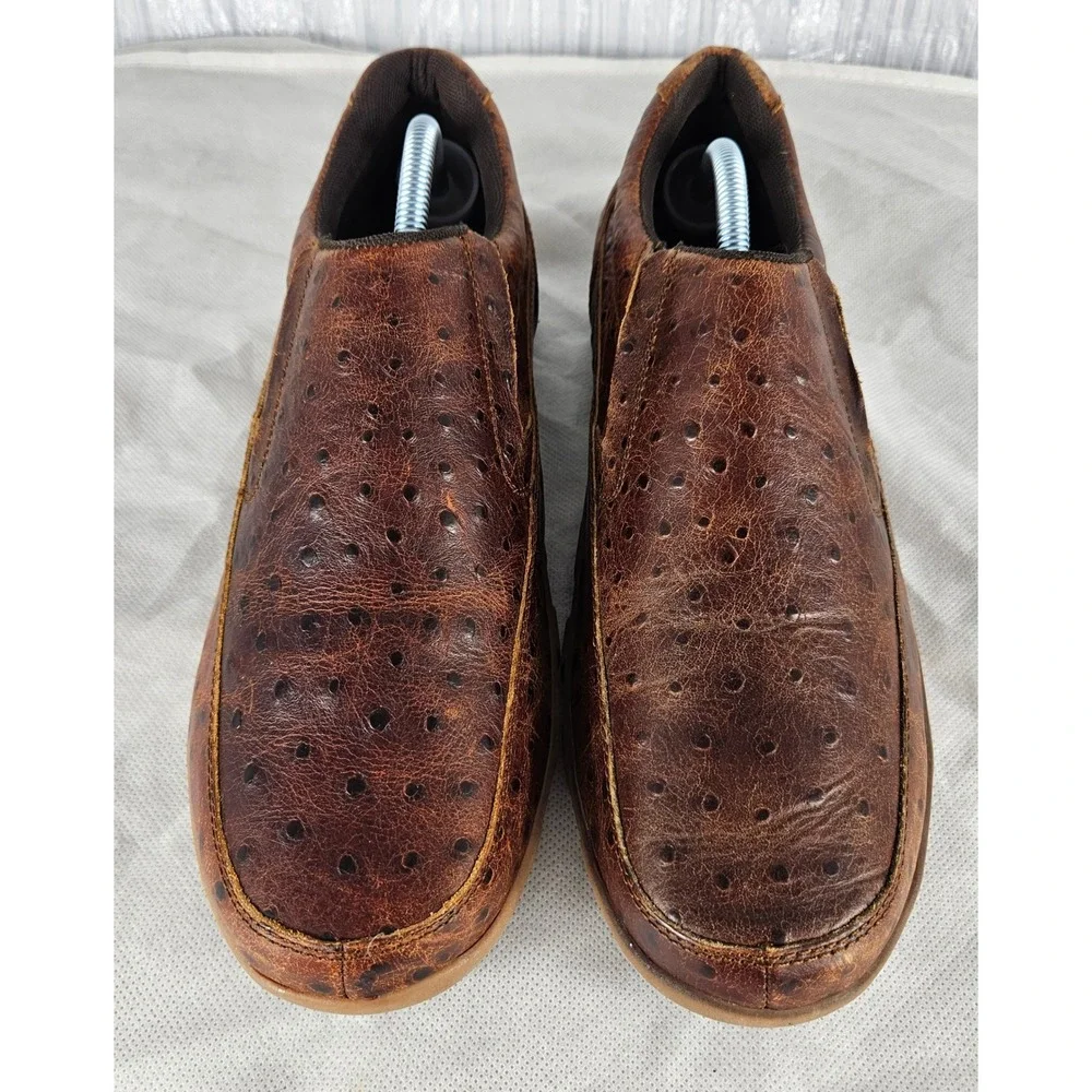 Roper Men's 10.5 Cognac Ostrich Print Leather Slip On Casual Driving Mocs Shoes